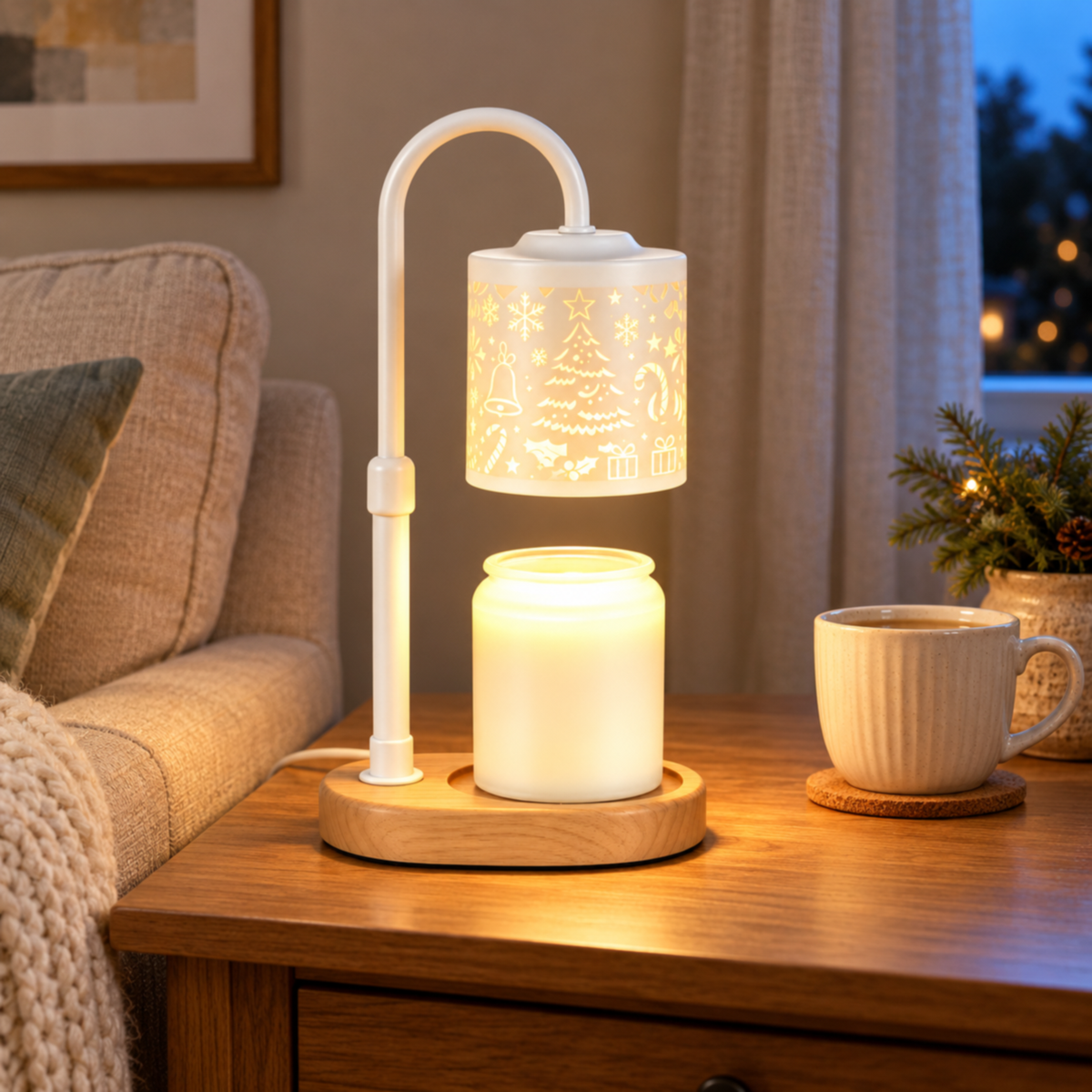 White Christmas candle warmer lamp with a frosted jar candle on a wooden side table beside a beige sofa.
