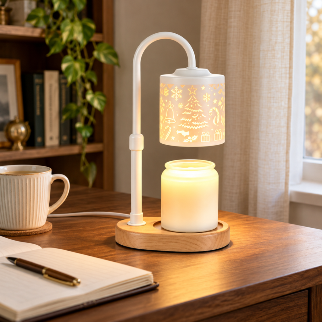 White Christmas candle warmer lamp on a wooden desk by a window, with an open notebook and ceramic mug.