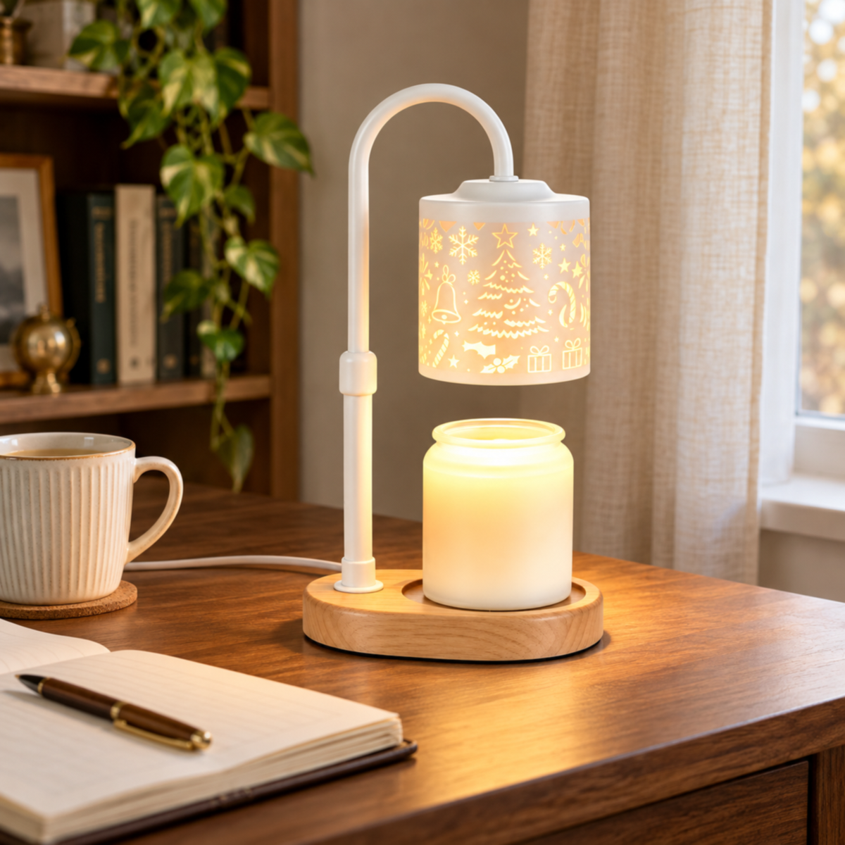 White Christmas candle warmer lamp on a wooden desk by a window, with an open notebook and ceramic mug.