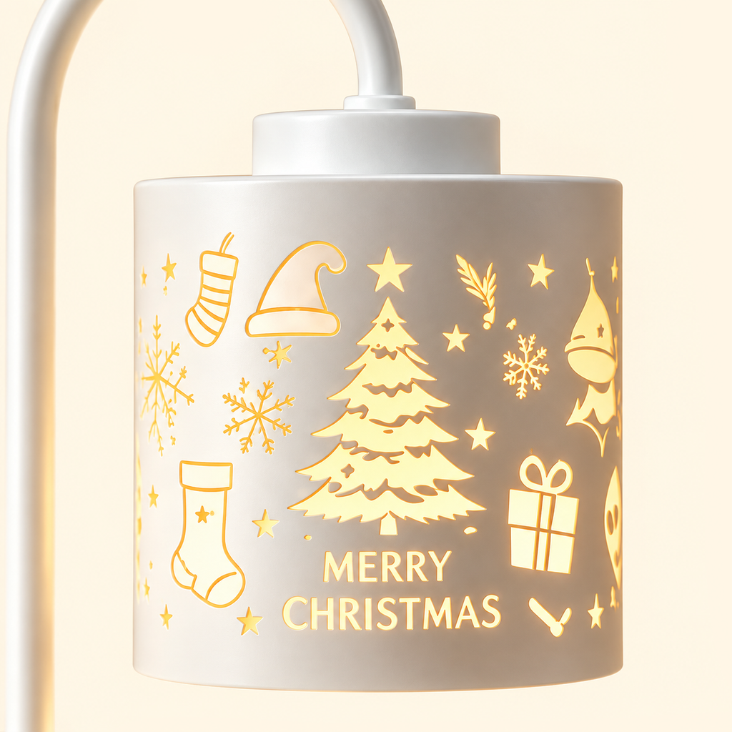 Close-up of a glowing white lampshade with a Christmas tree, “MERRY CHRISTMAS” lettering, stockings, snowflakes and gifts.