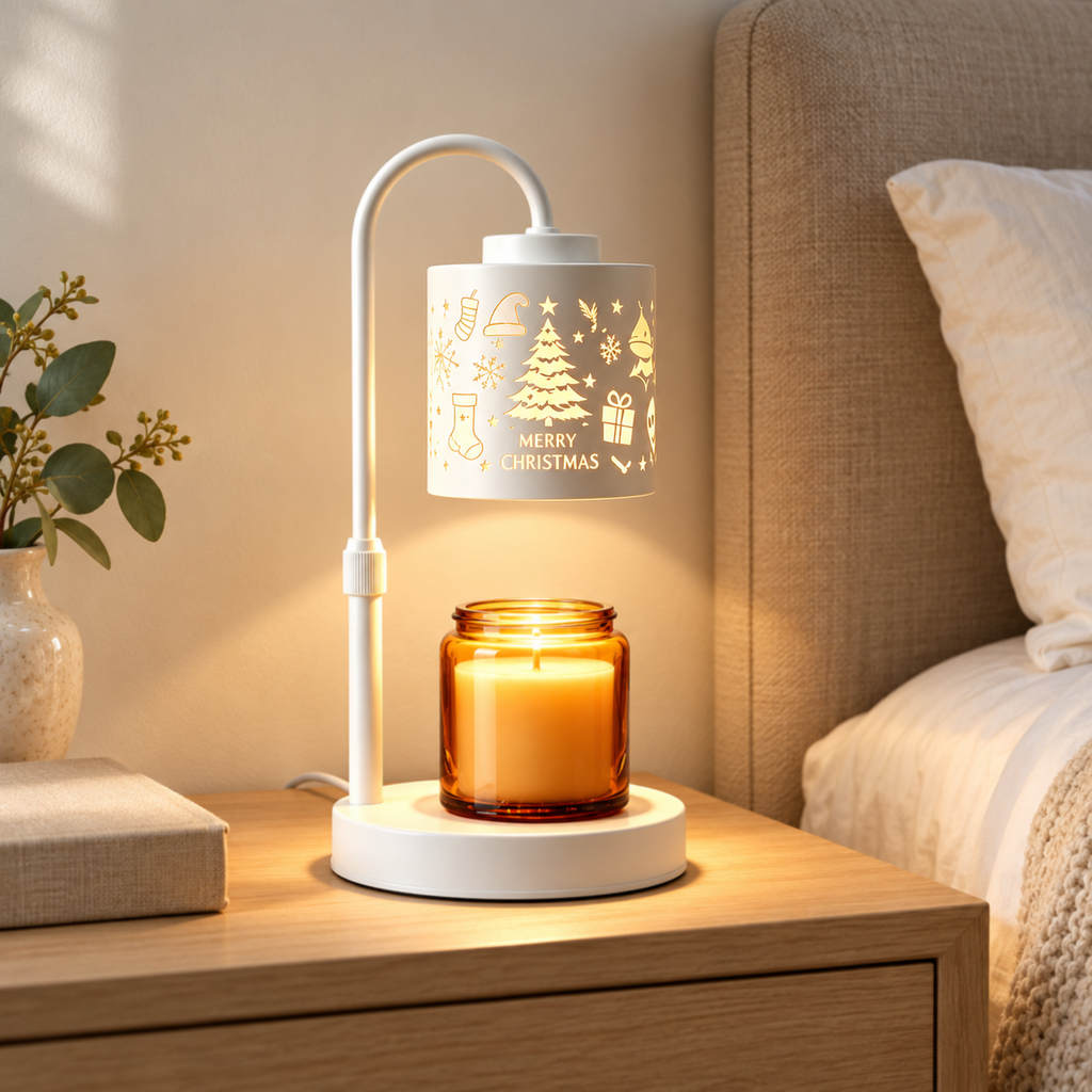 White “MERRY CHRISTMAS” candle warmer lamp on an oak bedside table beside ivory bedding and a linen-covered book.