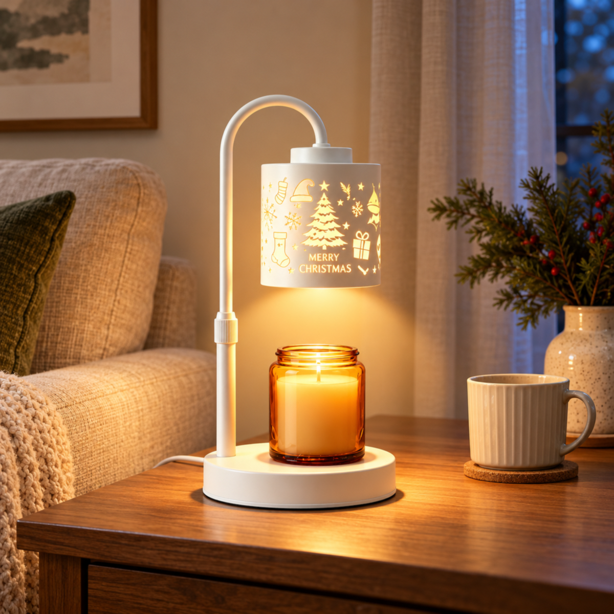 White Christmas-patterned candle warmer lamp with an amber jar candle on a wooden side table beside a beige sofa.