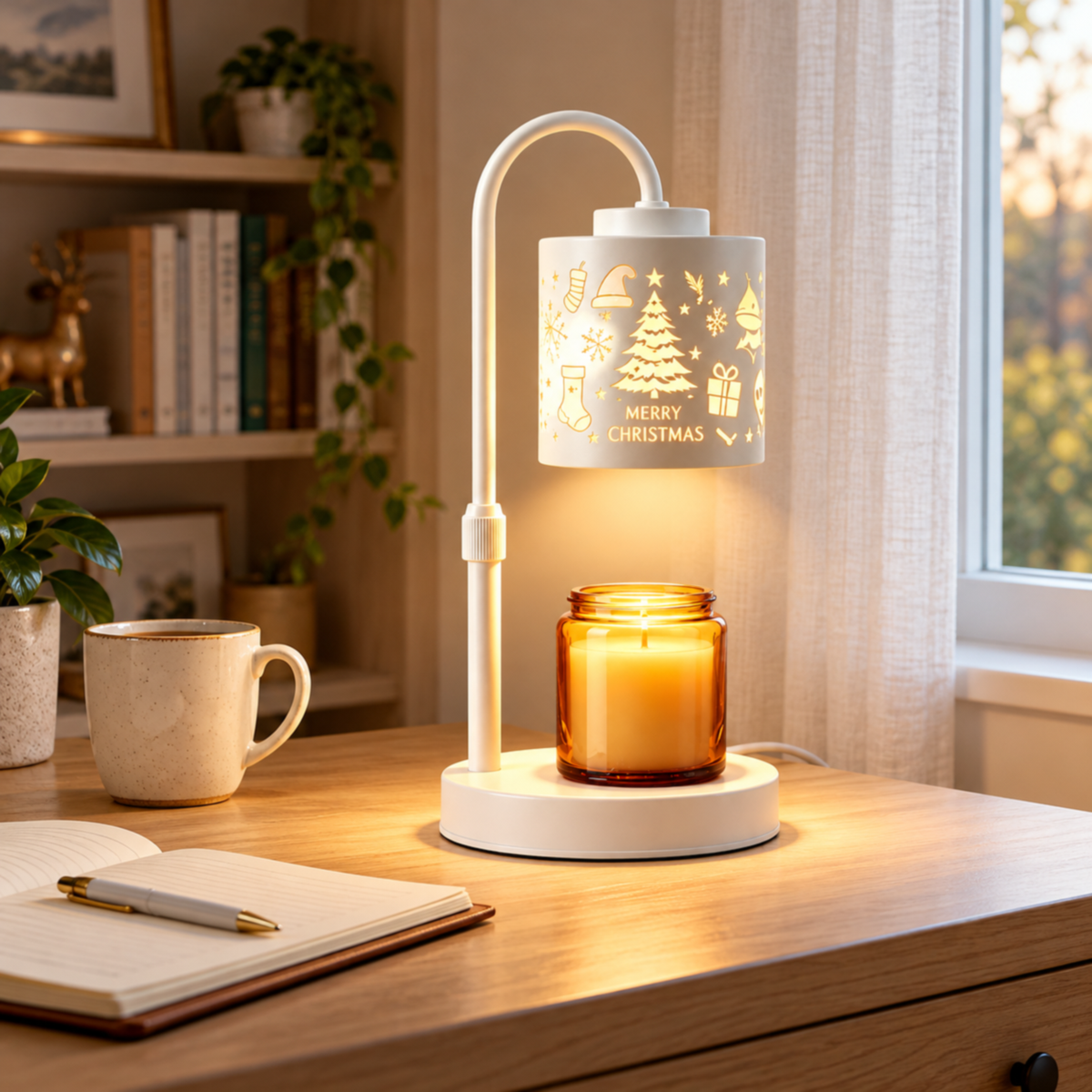 White “MERRY CHRISTMAS” candle warmer lamp on a wooden desk by a window, with an open notebook and ceramic mug.