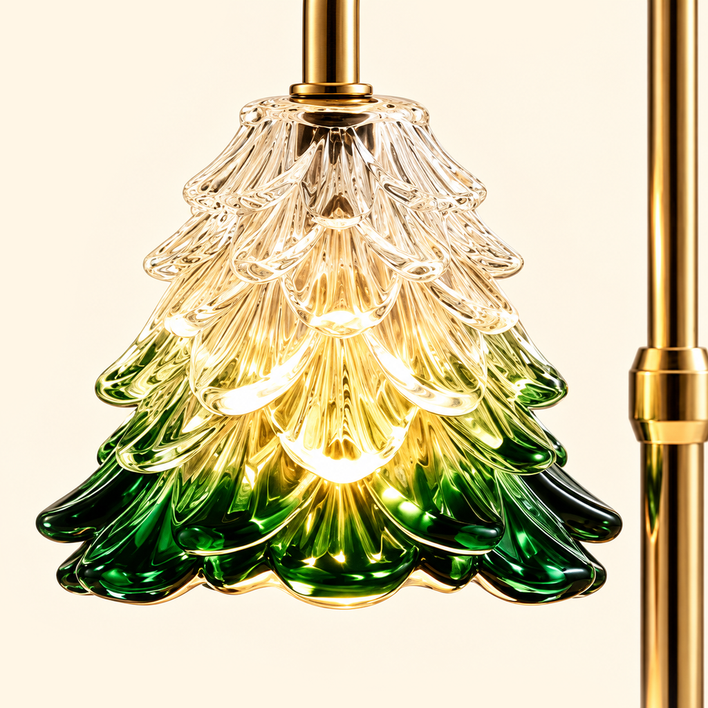 Close-up of the clear and emerald green glass shade, showing layered tree branches illuminated by warm light.