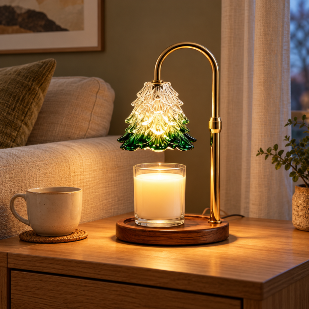 Tree-shaped glass candle warmer lamp on a wooden side table beside a beige sofa and ceramic tea cup.