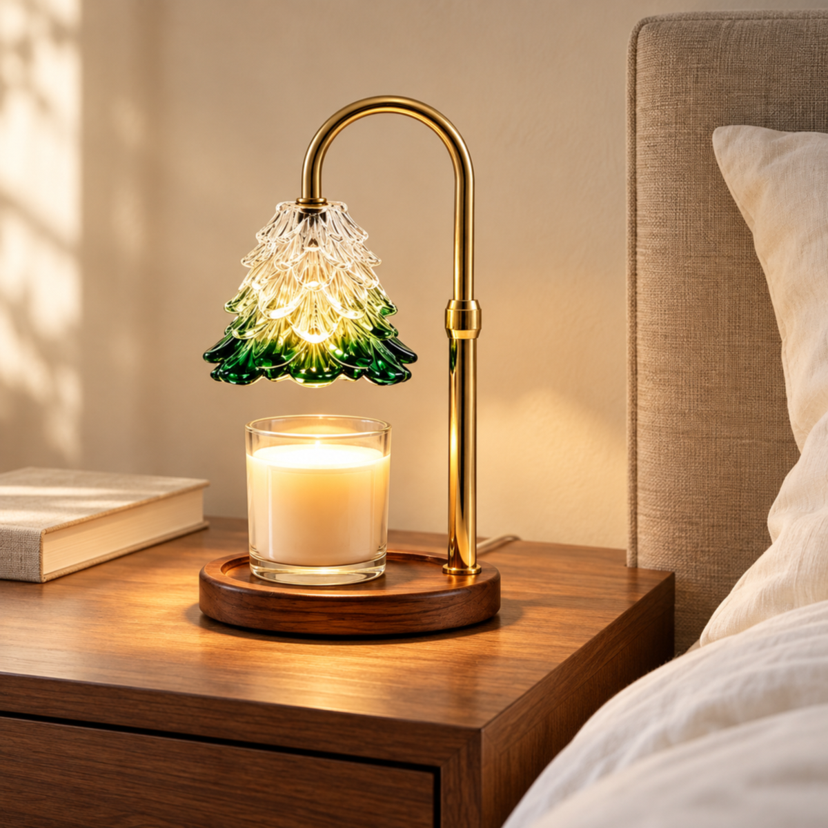 Green glass candle warmer lamp with a jar candle on a walnut bedside table beside ivory bedding.