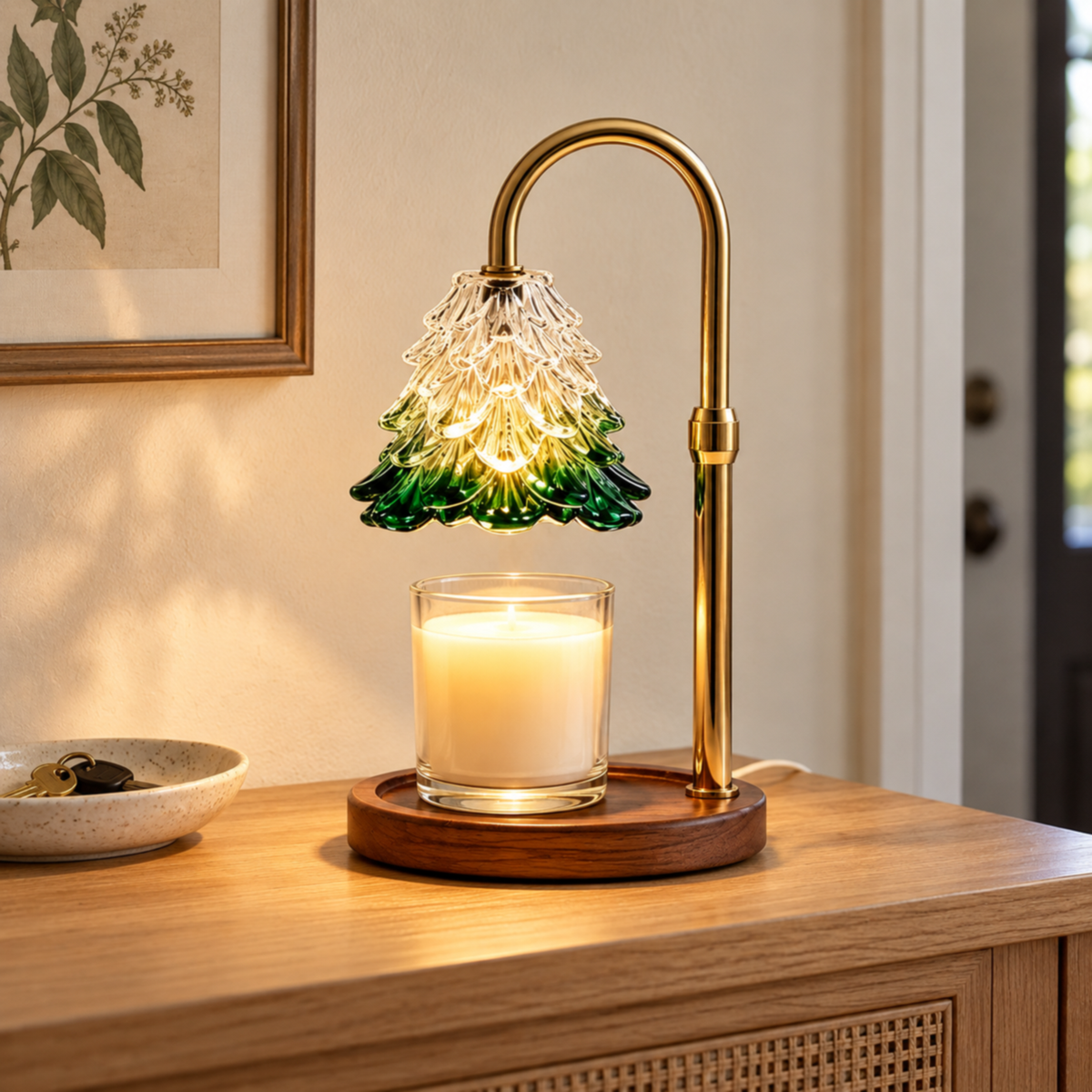 Gold candle warmer lamp with a green tree-shaped shade on an oak entryway console beside a ceramic key dish.