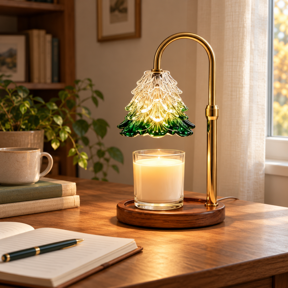 Tree-shaped glass candle warmer lamp on a wooden desk by a window, with an open notebook, books and a ceramic mug.