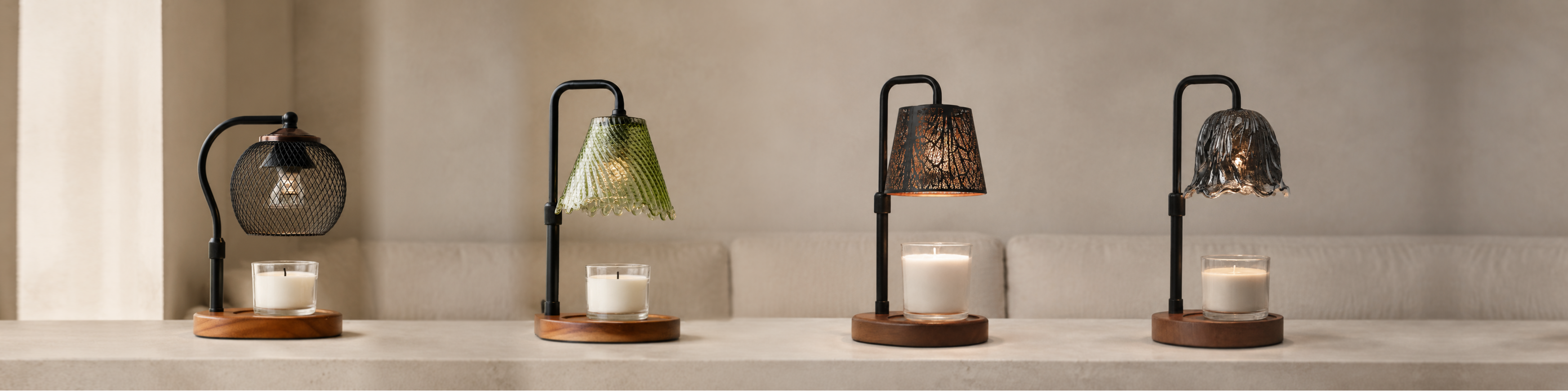 Candle Warmer Lamps collection featuring Lattice Orb, Sage Pleat, Forest Silhouette and Smoked Bloom candle warmer lamps gently warming jar candles in a neutral home interior.