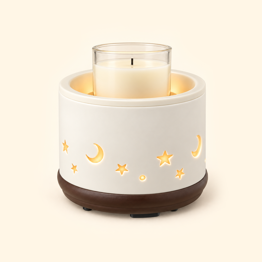 Moon & Stars Ceramic 2-in-1 Candle & Wax Warmer warming an unlit glass jar candle