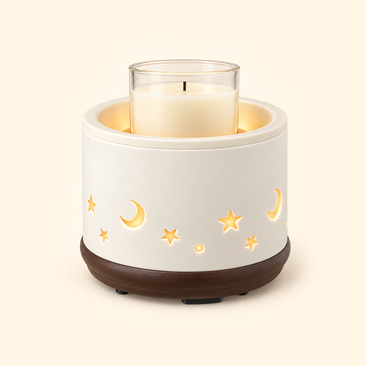 Moon & Stars Ceramic 2-in-1 Candle & Wax Warmer warming an unlit glass jar candle