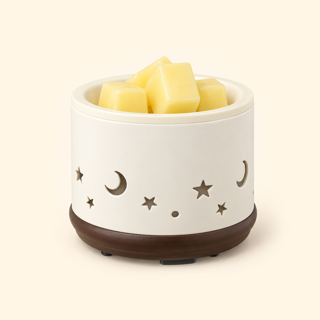 Moon & Stars Ceramic 2-in-1 Candle & Wax Warmer switched off with yellow wax melts