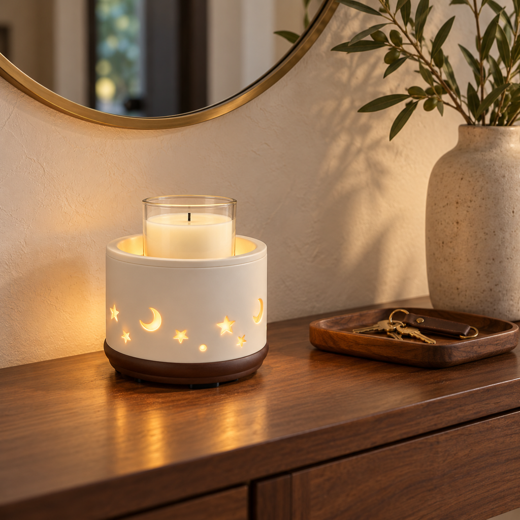 Moon & Stars Ceramic 2-in-1 Warmer warming an unlit jar candle on an entryway console