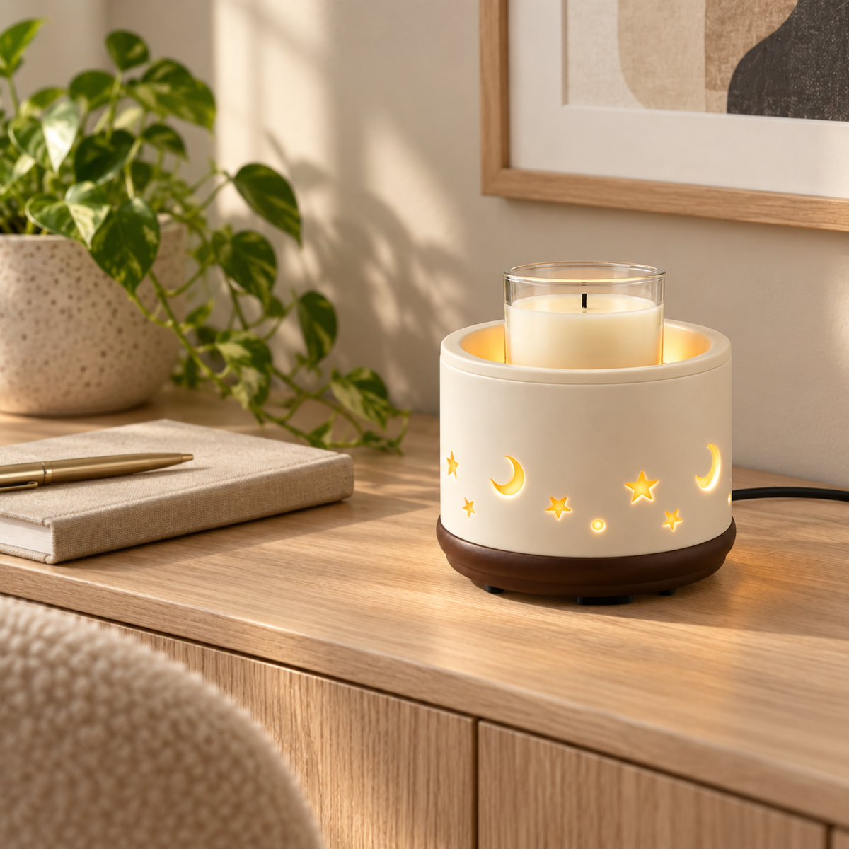 Moon & Stars Ceramic 2-in-1 Warmer warming an unlit jar candle in a bright home office
