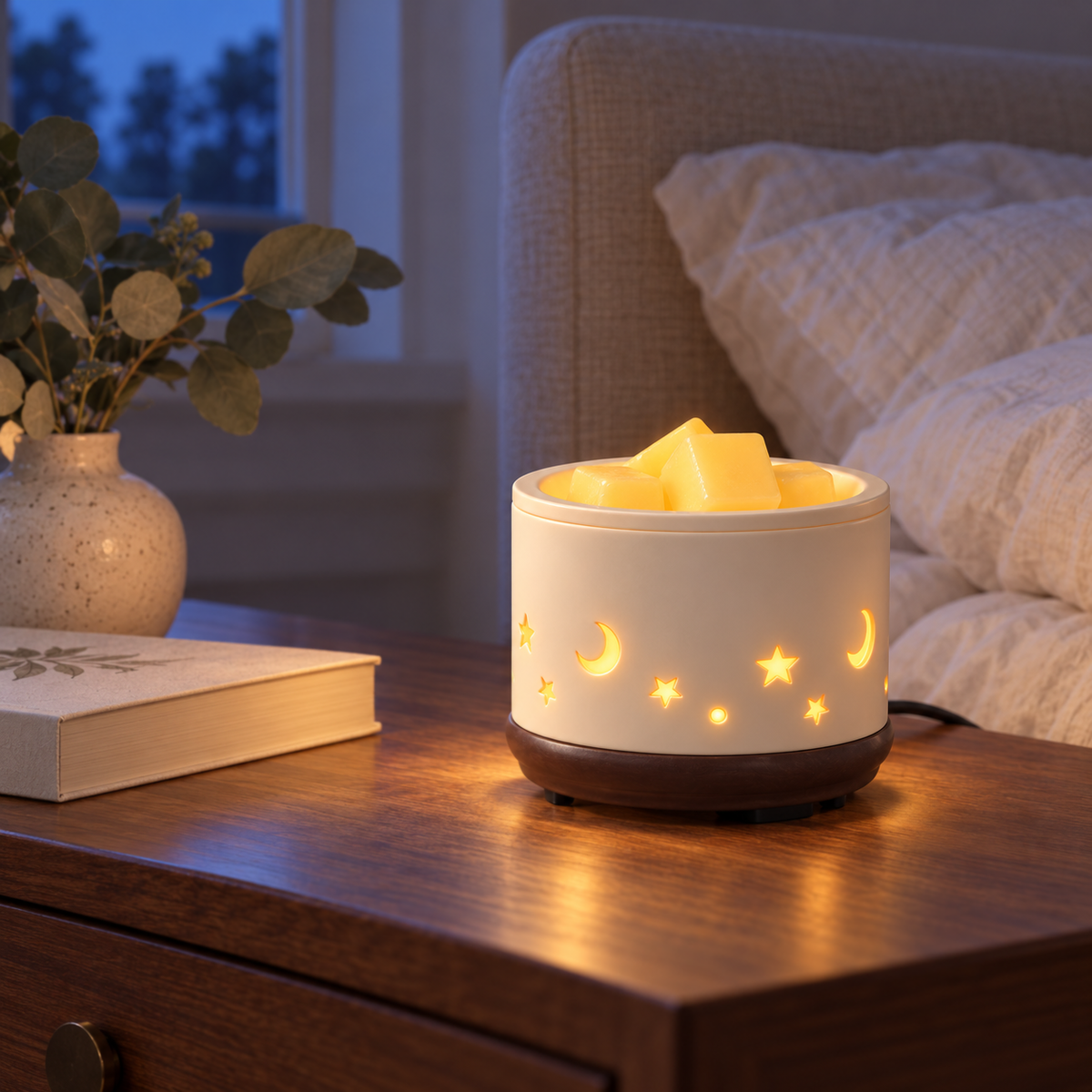 Glowing Moon & Stars Ceramic 2-in-1 Warmer with wax melts on a walnut bedroom nightstand