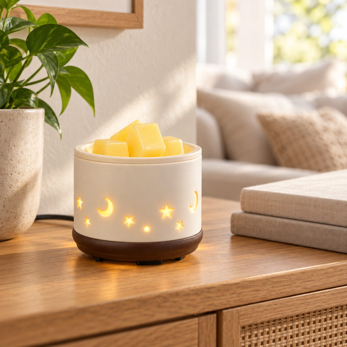 Moon & Stars Ceramic 2-in-1 Warmer with wax melts on a light wood living room console
