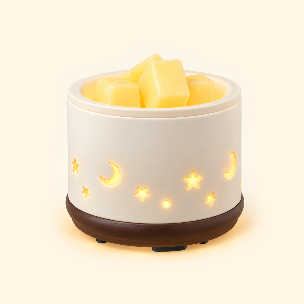 Moon & Stars Ceramic 2-in-1 Candle & Wax Warmer switched on with wax melts and glowing cutouts