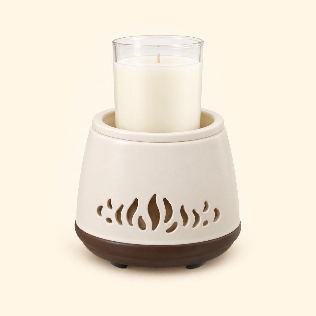 Flame Cutout Ceramic 2-in-1 Candle & Wax Warmer holding an unlit tall clear glass candle with ivory wax and a light beige wick