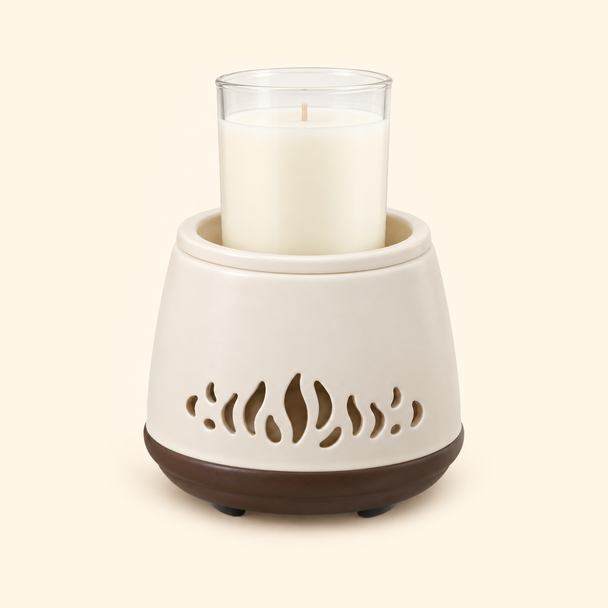 Flame Cutout Ceramic 2-in-1 Candle & Wax Warmer holding an unlit tall clear glass candle with ivory wax and a light beige wick