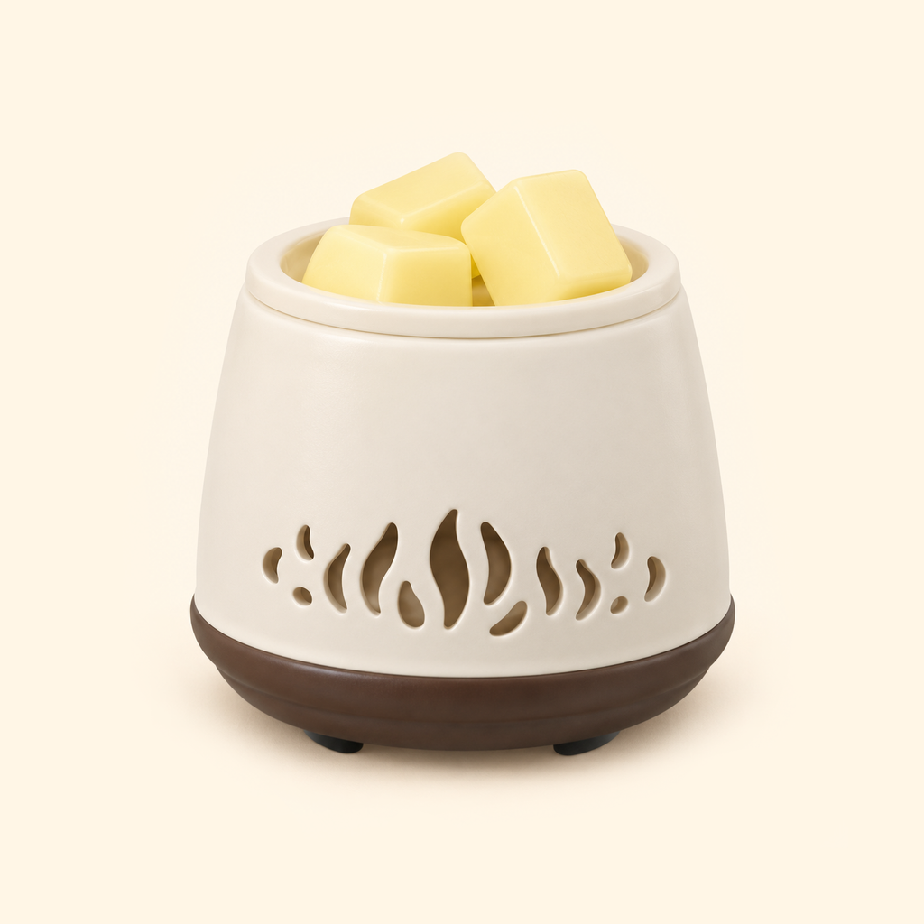 Flame Cutout Ceramic 2-in-1 Candle & Wax Warmer switched off with yellow wax melts on a warm cream background.