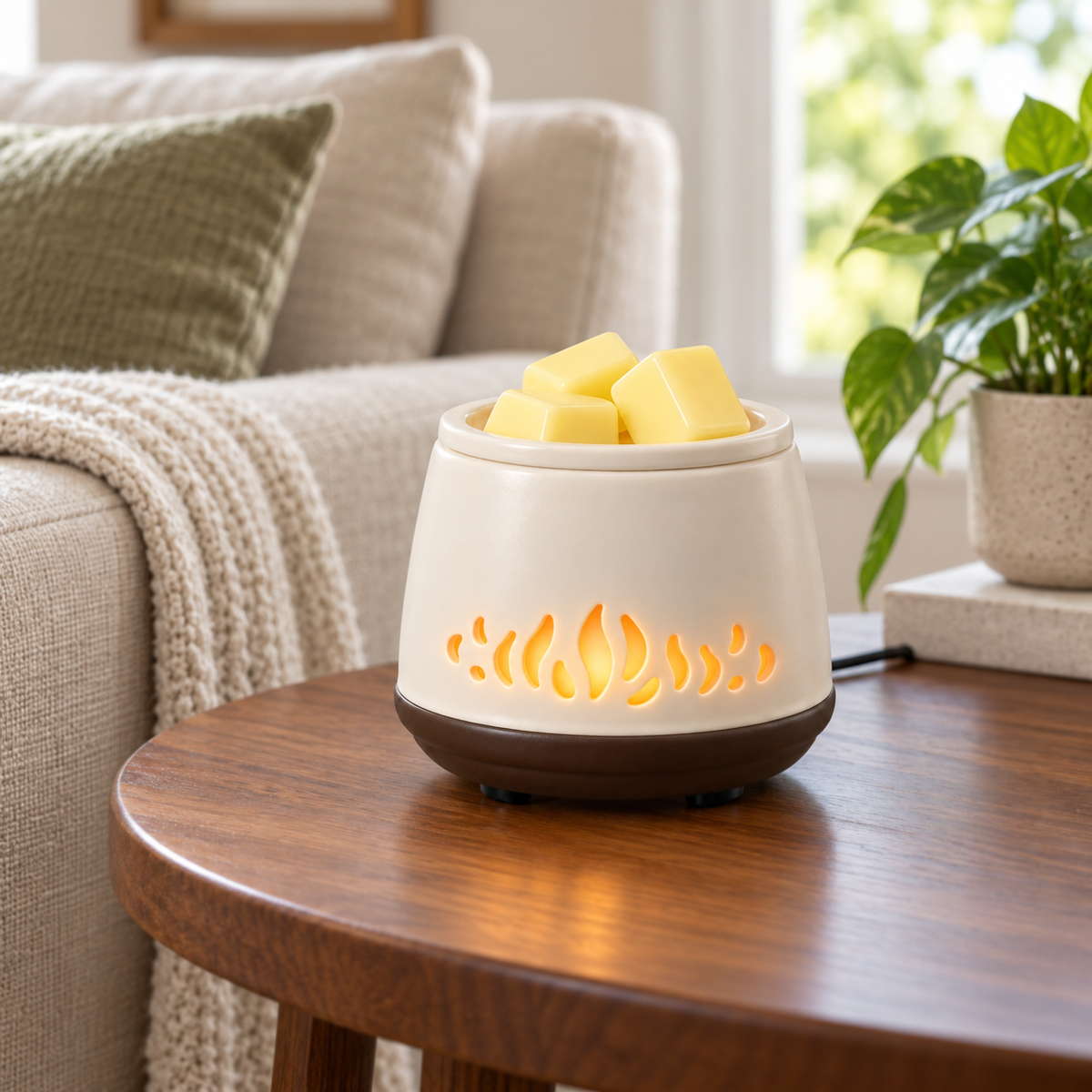 Flame Cutout Ceramic 2-in-1 Candle & Wax Warmer glowing with yellow wax melts on a walnut table in a bright neutral living room.
