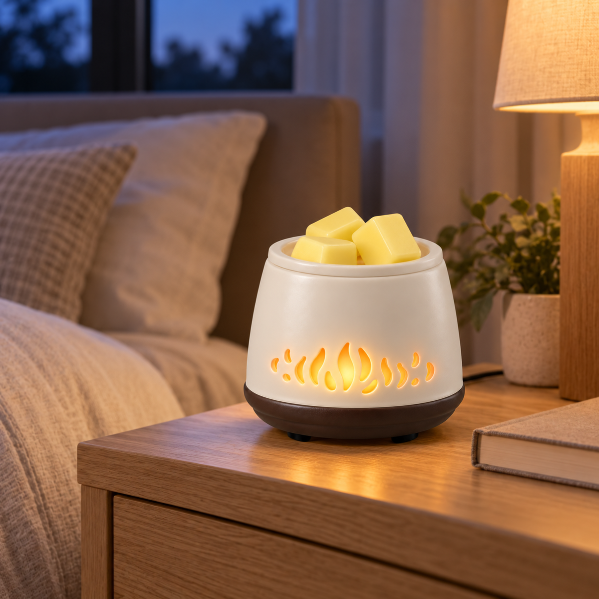 Flame Cutout Ceramic 2-in-1 Candle & Wax Warmer with yellow wax melts on an oak bedside table in a softly lit bedroom