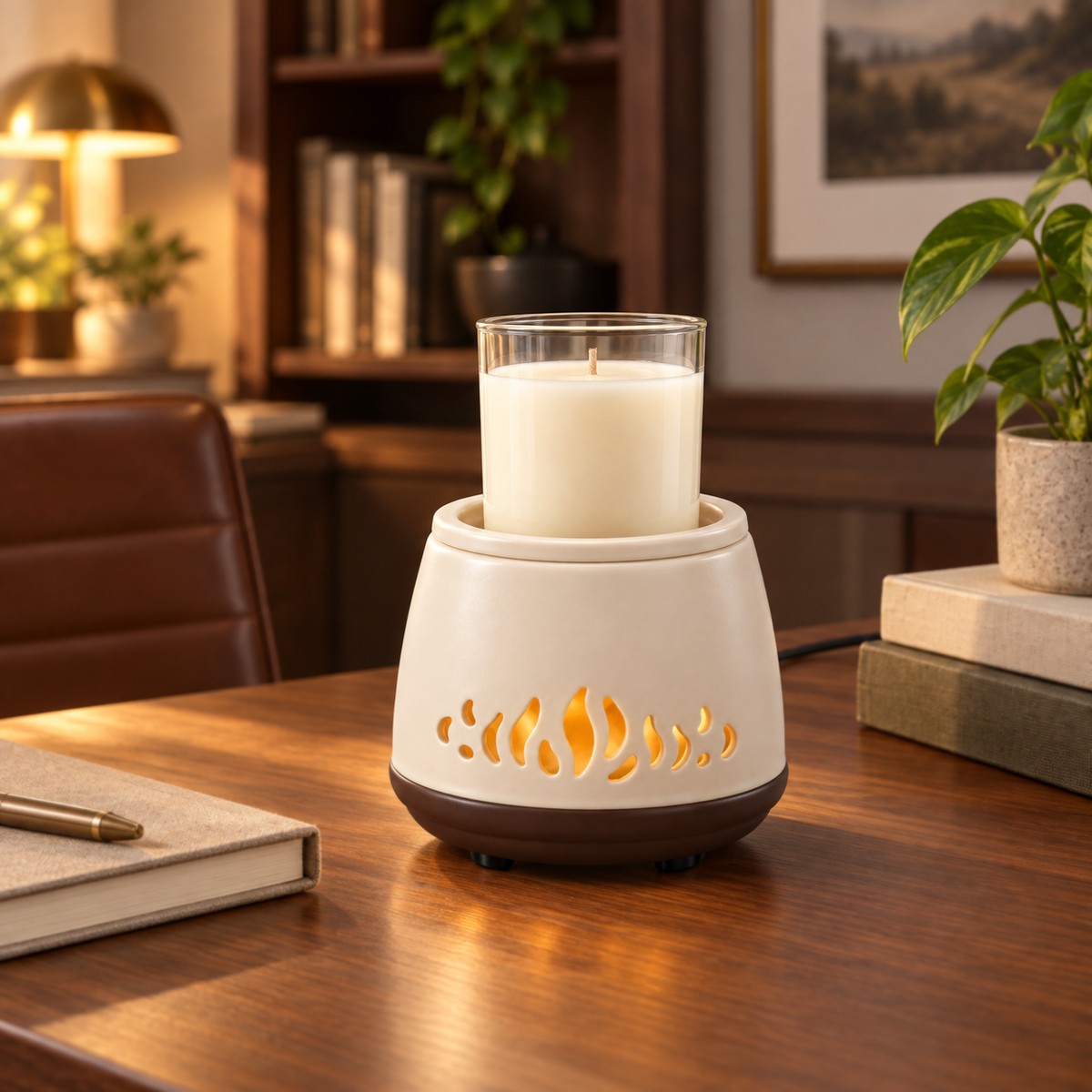 Flame Cutout Ceramic 2-in-1 Candle & Wax Warmer warming an unlit glass candle on a walnut desk in a cozy home office