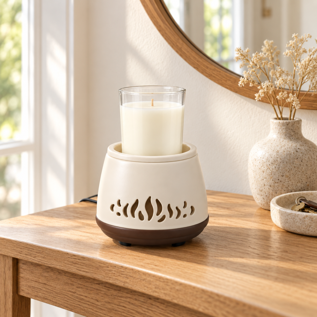 Flame Cutout Ceramic 2-in-1 Candle & Wax Warmer holding an unlit tall glass candle on a sunlit oak entryway console