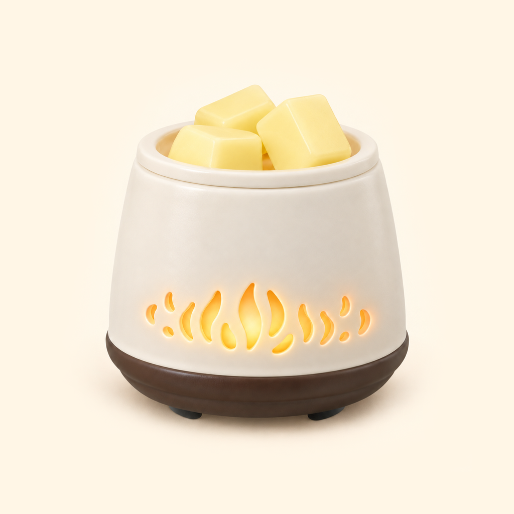 Flame Cutout Ceramic 2-in-1 Candle & Wax Warmer glowing through flame-shaped cutouts with yellow wax melts in the top dish.