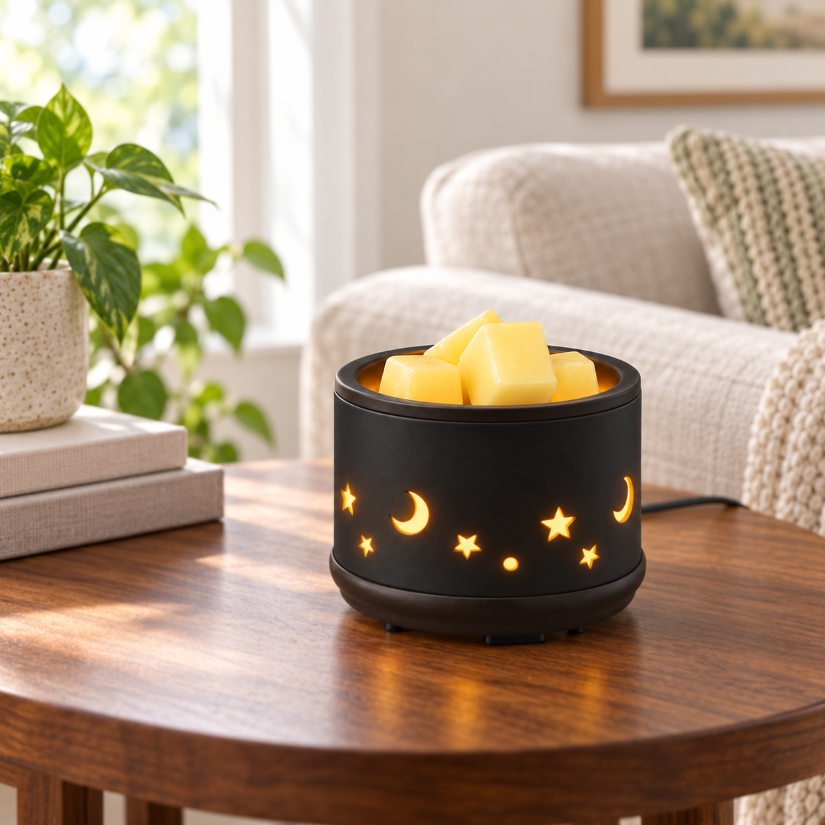 Black moon and stars wax warmer with scented wax melts displayed on a side table in a bright living room.
