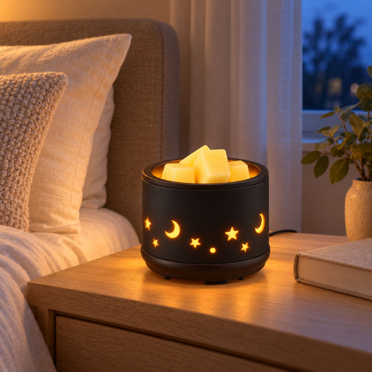 Black ceramic wax warmer casting a soft amber glow through moon and star cutouts on a bedroom nightstand.