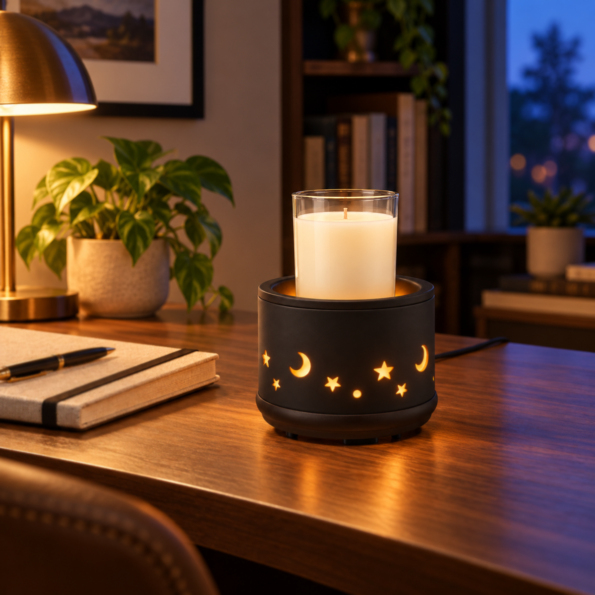 Black Moon & Stars Candle Warmer heating a clear jar candle on a home office desk in a cozy evening setting.