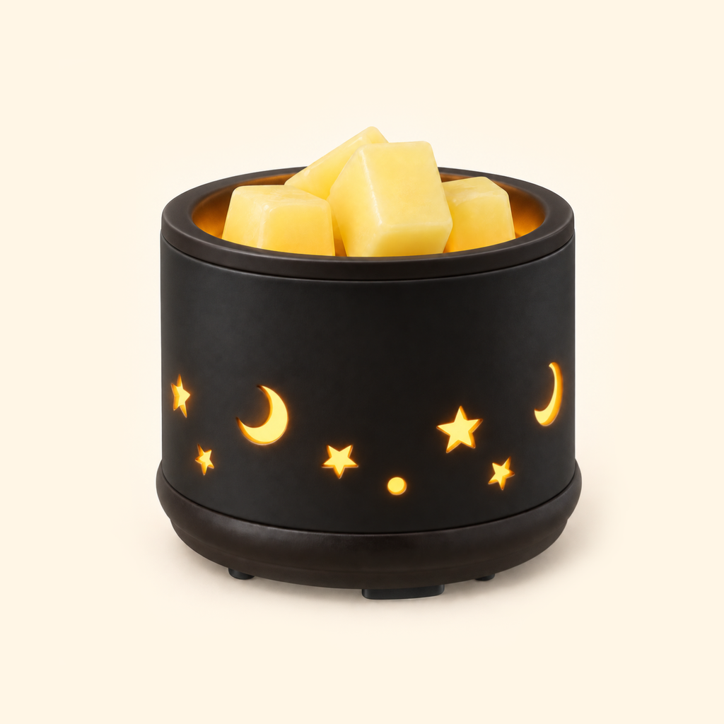 Black ceramic candle and wax warmer glowing warmly through crescent moon and star cutouts with wax melts on top.