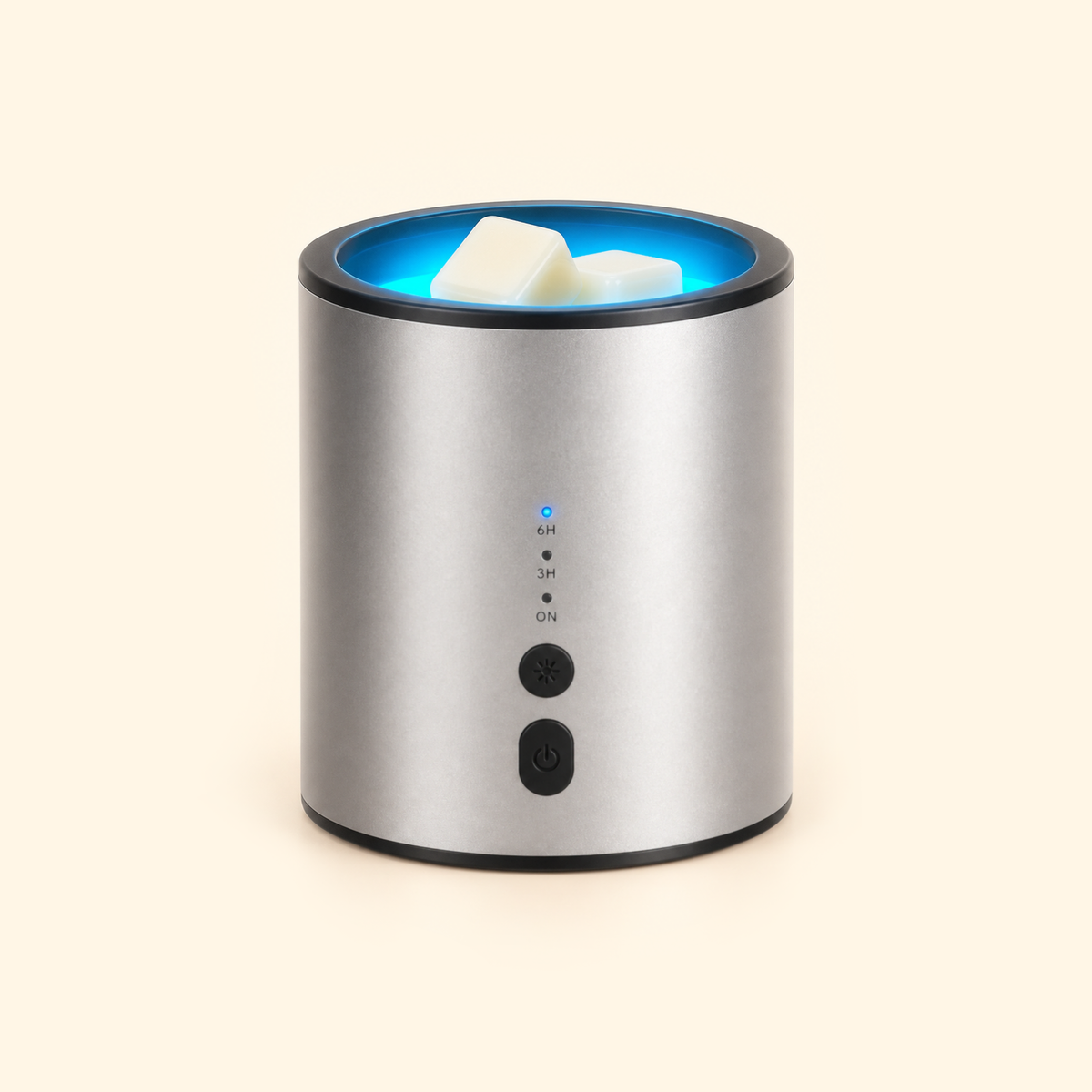 Silver Multicolor Halo Timer Electric Wax Warmer with blue top lighting and ivory wax melts on a warm cream background.