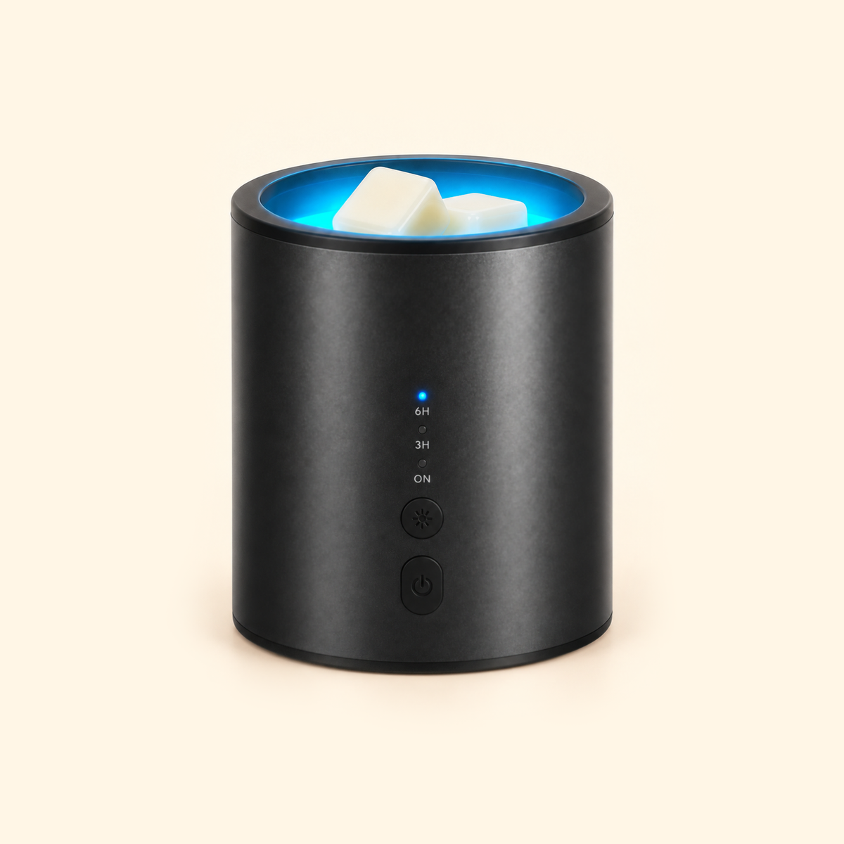 Matte black Multicolor Halo Timer Electric Wax Warmer with blue top lighting and ivory wax melts on a warm cream background.