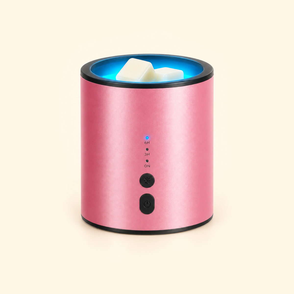 Matte black Multicolor Halo Timer Electric Wax Warmer with blue top lighting and ivory wax melts on a warm cream background.