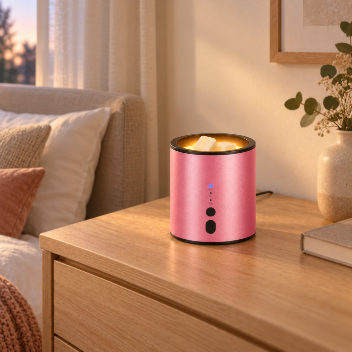 Rose pink Multicolor Halo Timer Electric Wax Warmer glowing amber on an oak bedside table in a softly lit bedroom.