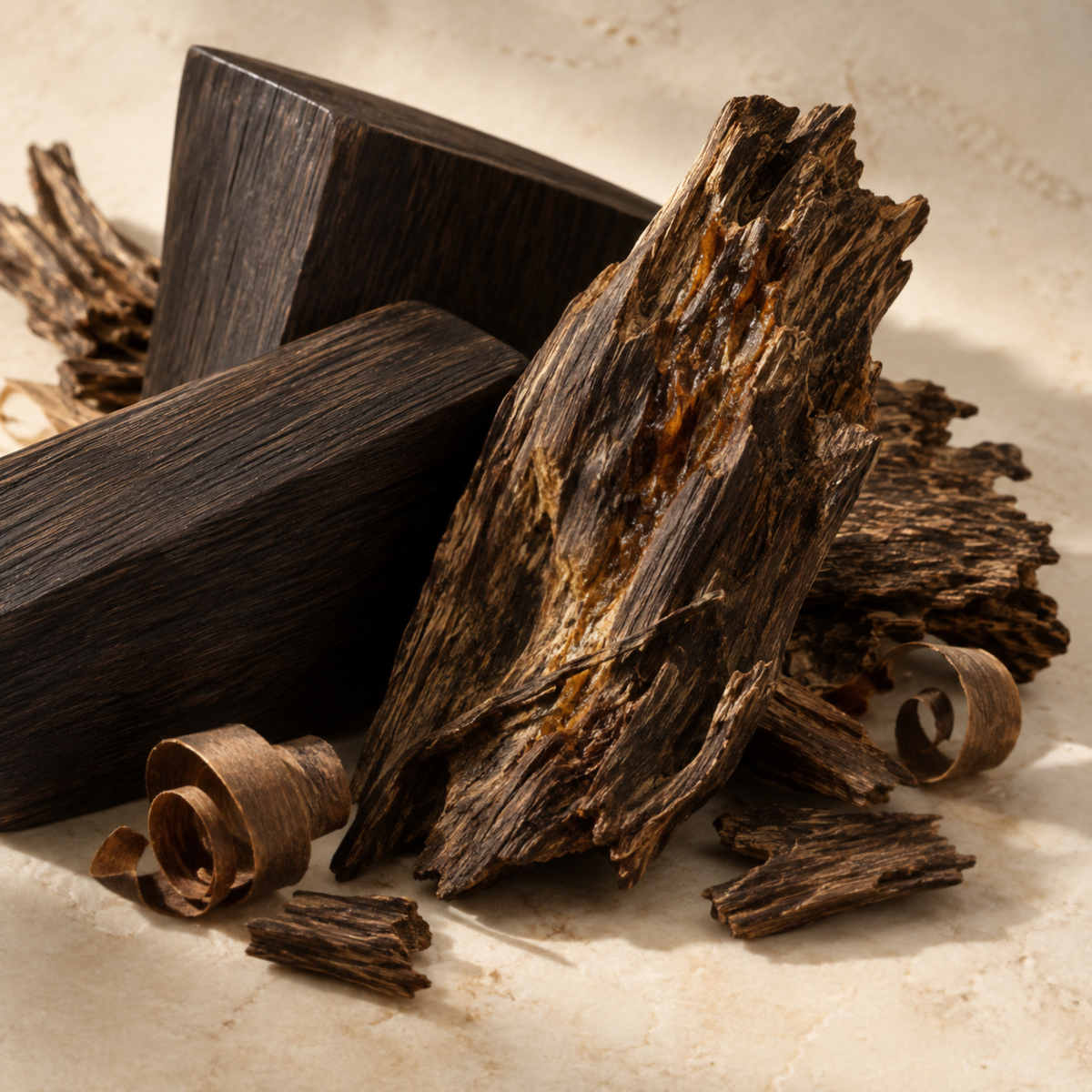 Dark ebony wood and resin-rich agarwood pieces arranged on a warm ivory surface