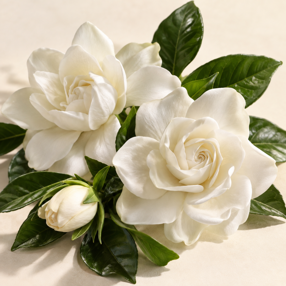 Creamy white gardenia flowers with glossy green leaves on an ivory background