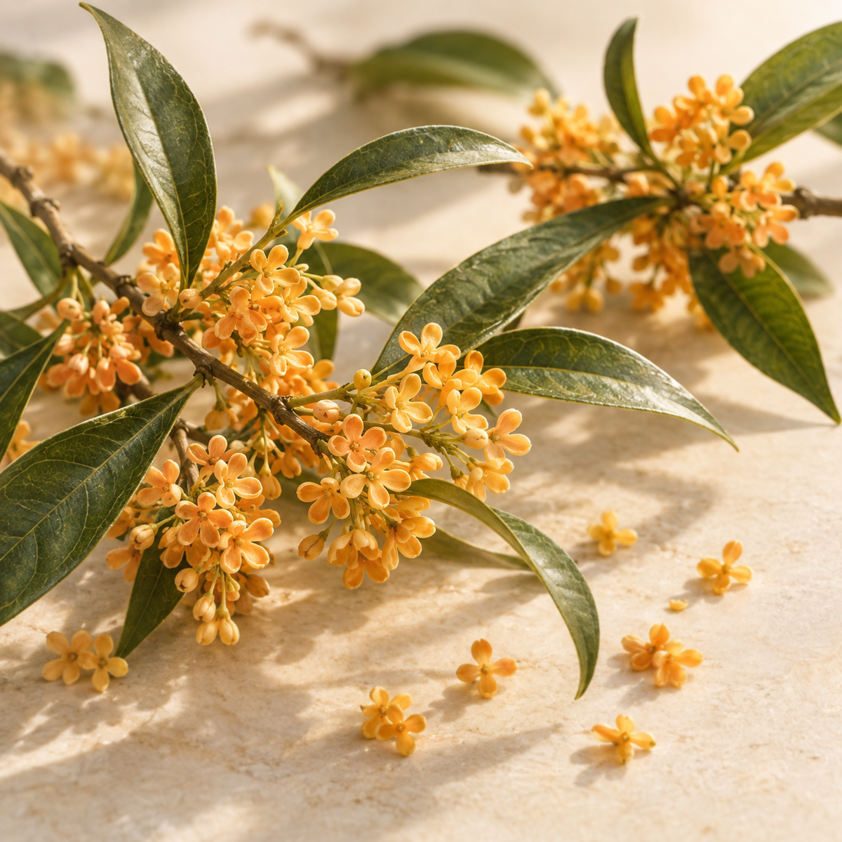 Golden osmanthus blossoms and slender green leaves on a warm ivory background