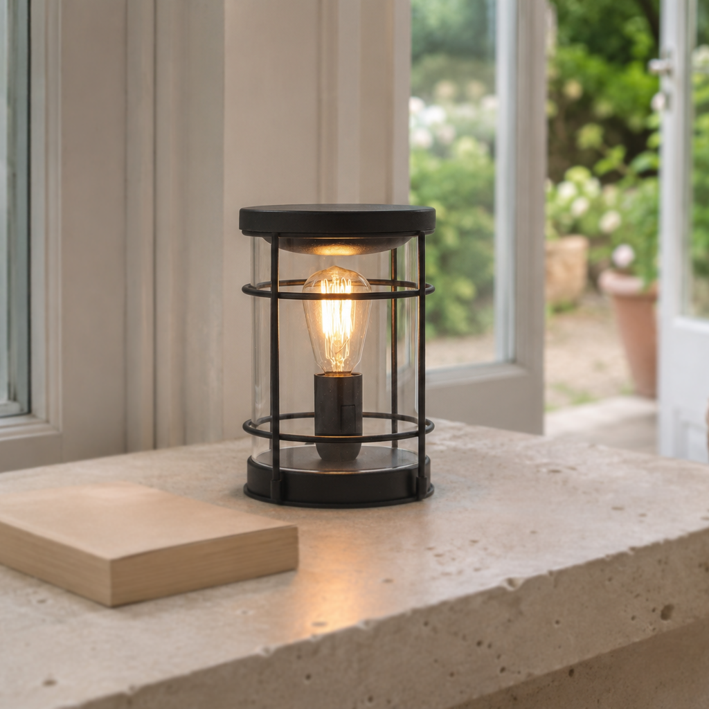 Black lantern wax warmer glowing on a light stone surface beside an open window and wooden board.