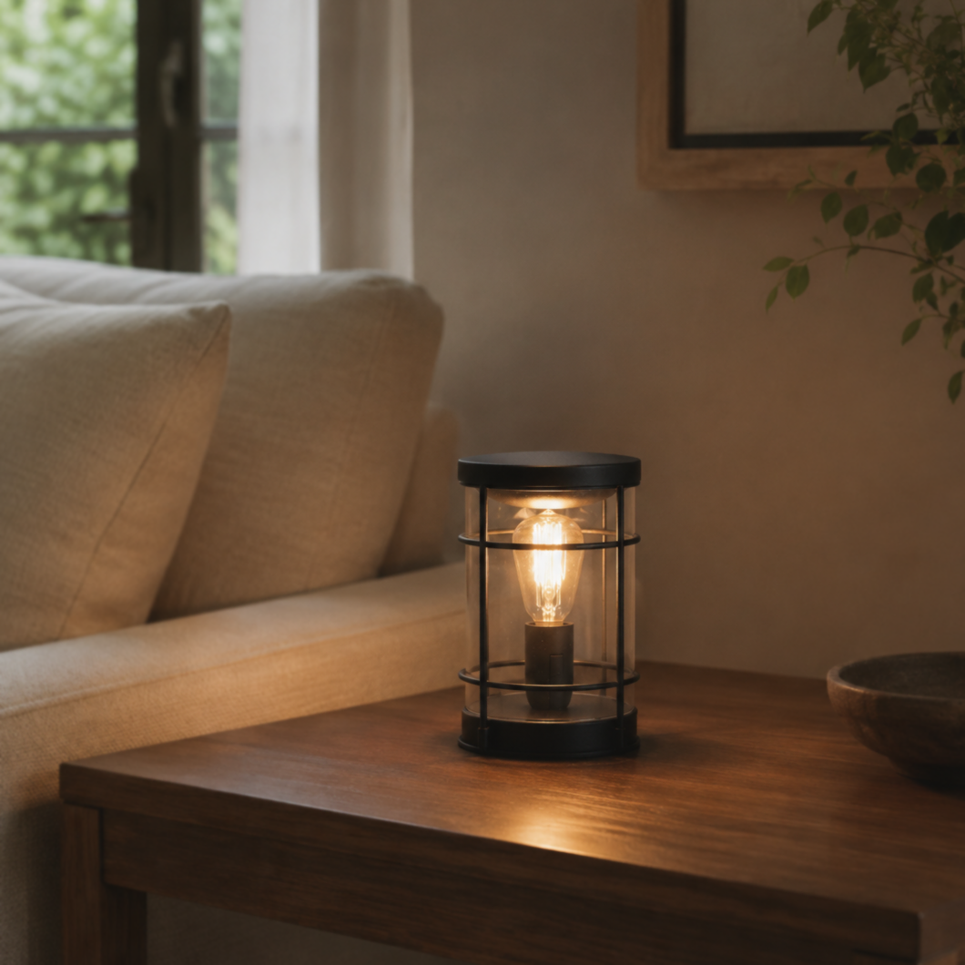 Lantern-style tabletop wax warmer glowing on a wooden side table beside a cream sofa.