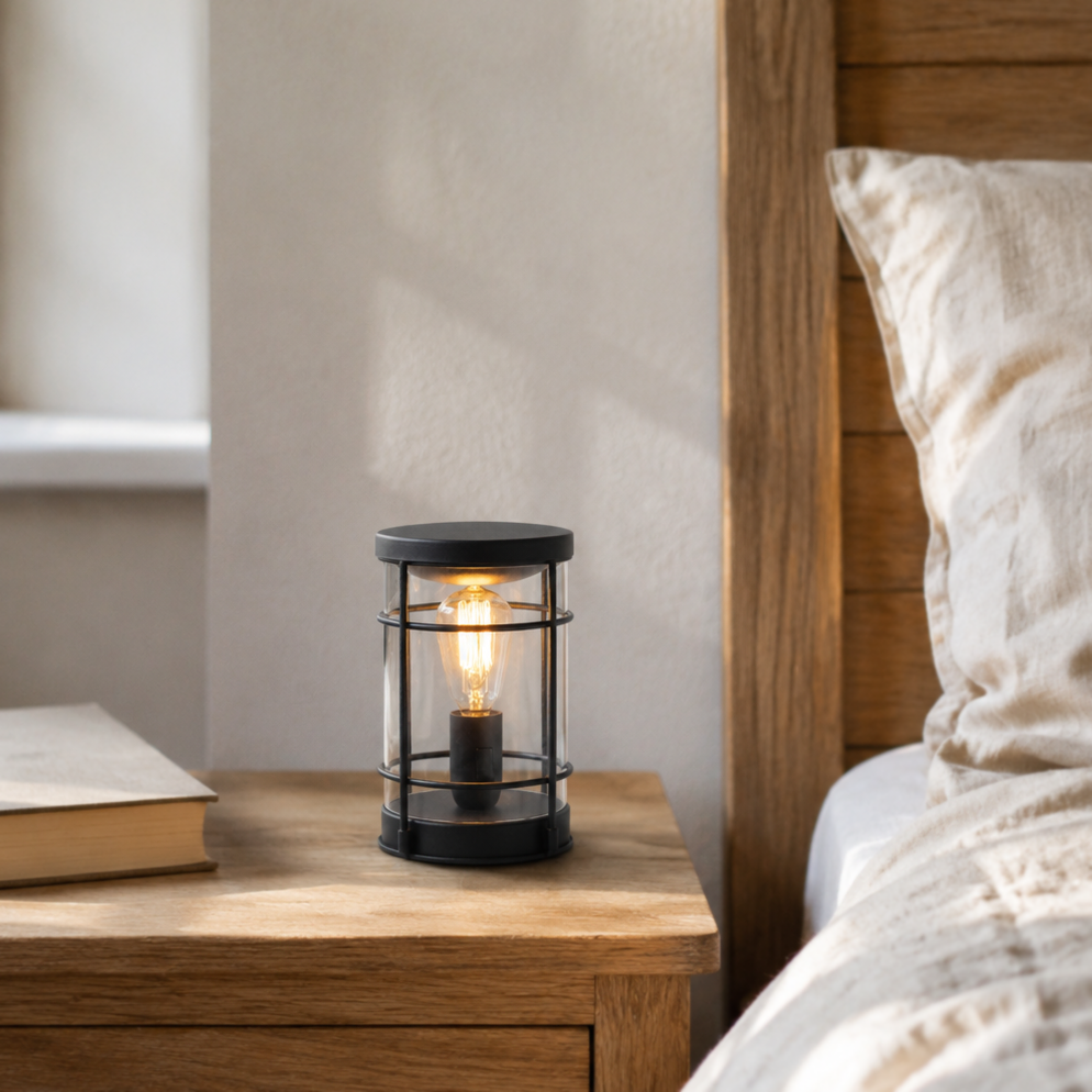 Vintage Lantern wax warmer illuminated on a wooden bedroom nightstand beside a book and neutral bedding.