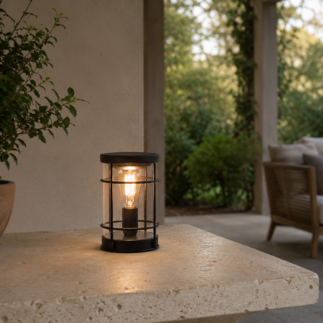 Vintage Lantern electric wax warmer illuminated on a pale stone table overlooking an outdoor seating area.