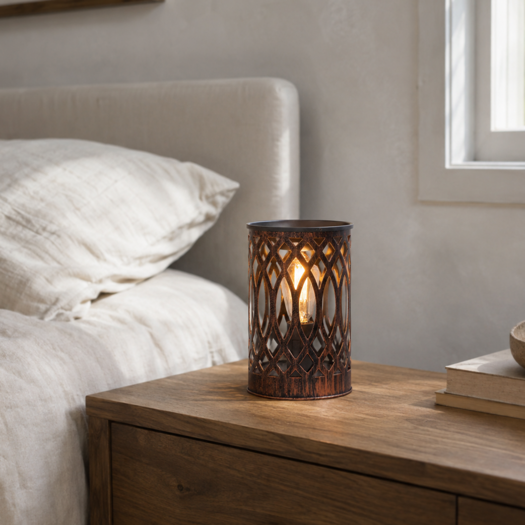 Mesh Lantern wax warmer illuminated on a bedroom nightstand beside a white bed and stacked books.