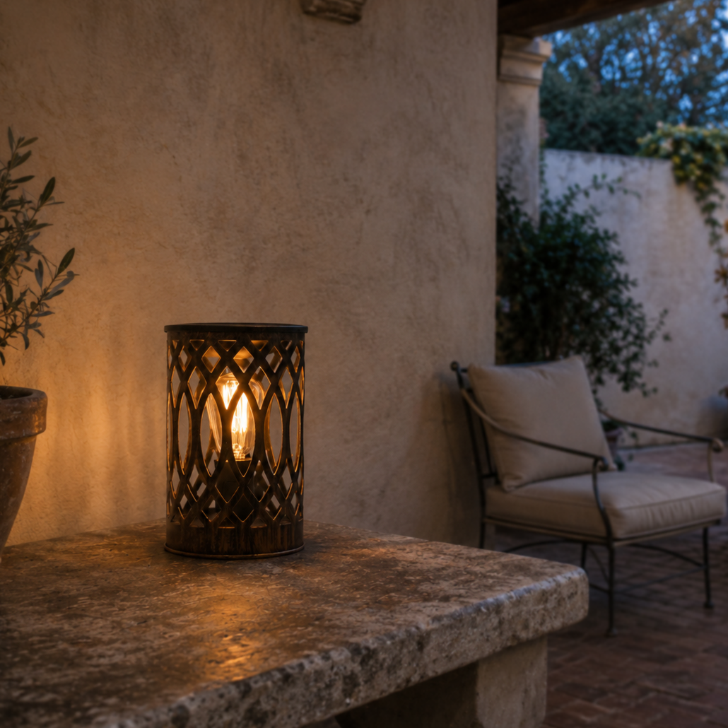 Bronze electric wax warmer illuminated on a stone surface beside outdoor seating and plants.