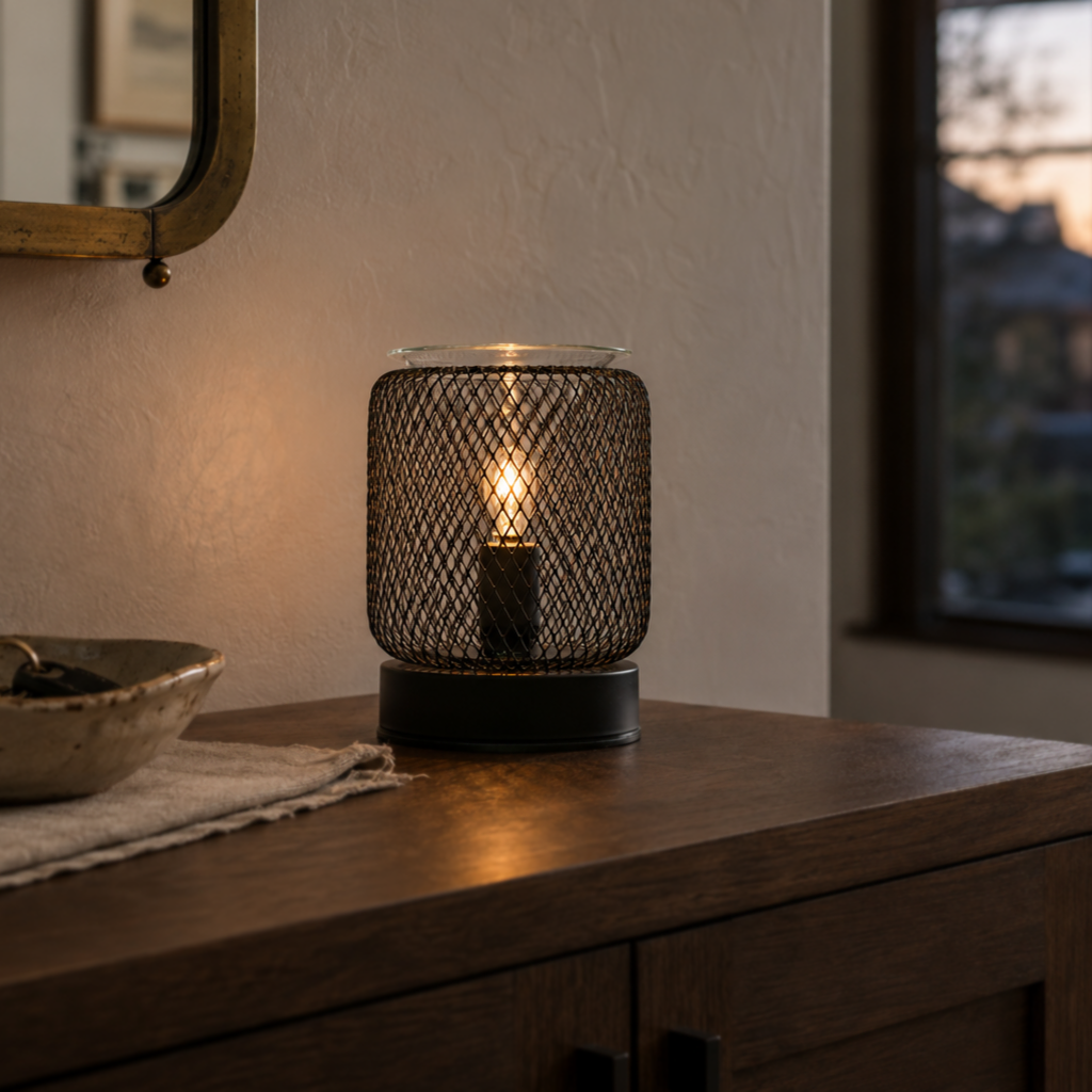 Black lattice wax warmer illuminated on a wooden cabinet beneath a round mirror.