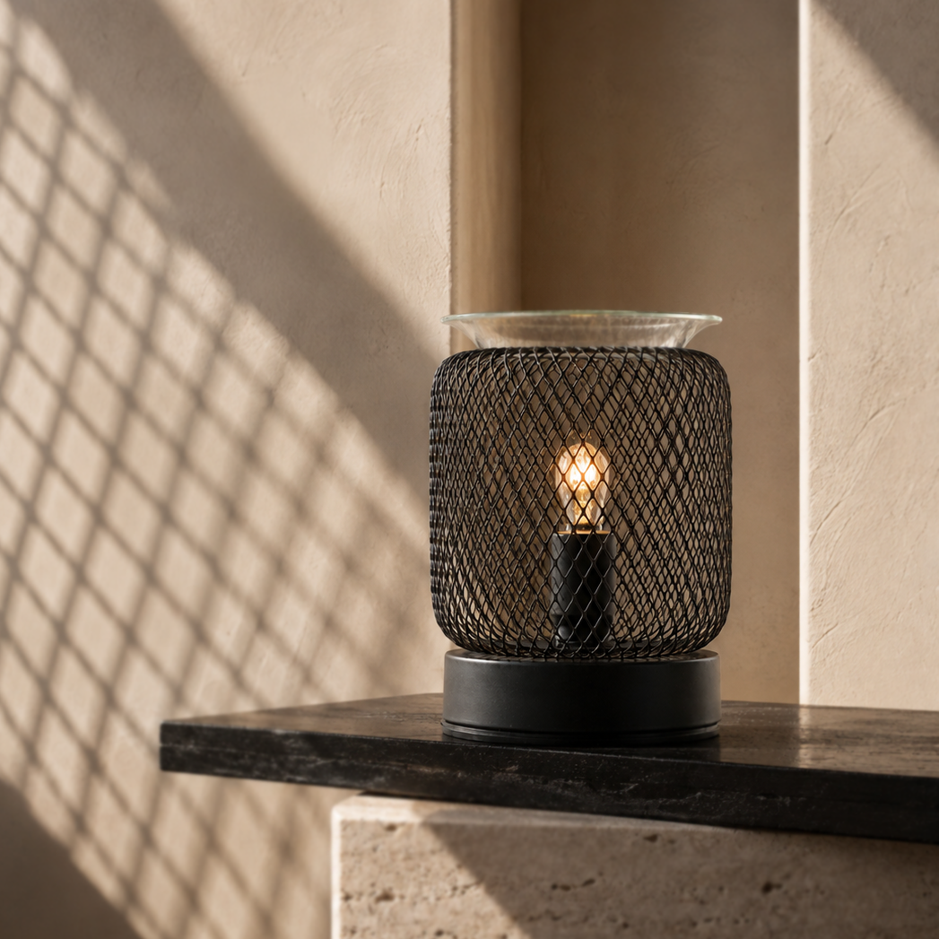 Tall lattice wax warmer glowing on a stone pedestal and casting geometric shadows across the wall.