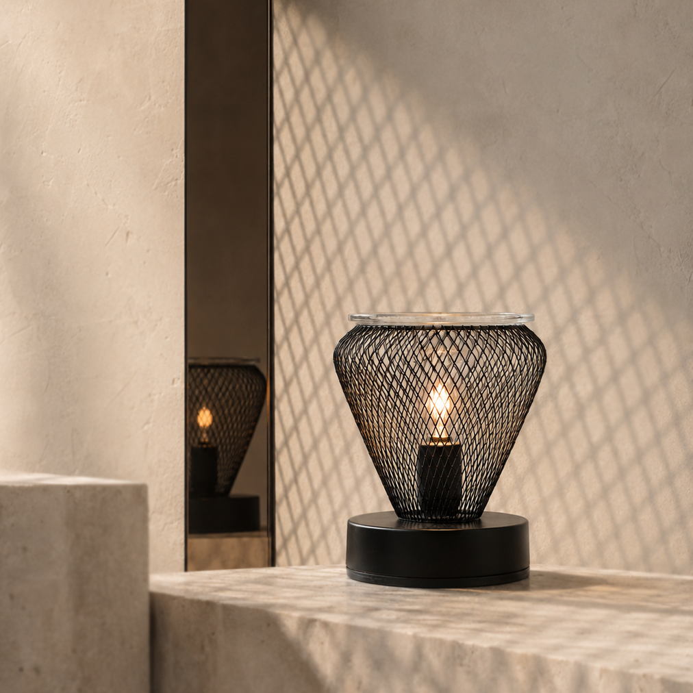 Vase-shaped lattice wax warmer glowing on a stone surface and casting patterned shadows on the wall.