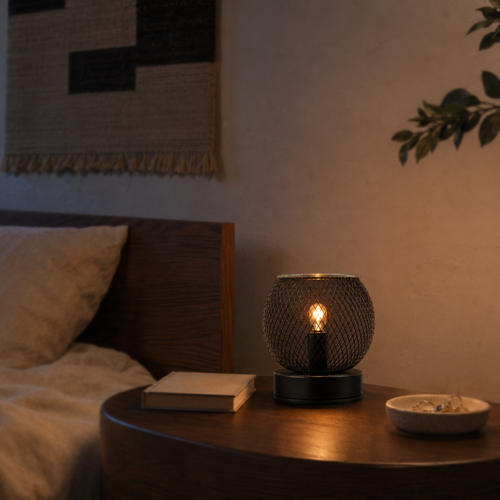 Black lattice globe wax warmer illuminated on a dark bedroom side table beside a bed.